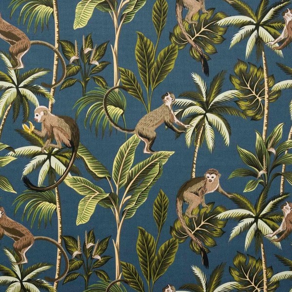 Fryetts Monkey Teal Tropical 100% Cotton Print Upholstery Fabric - Fire Resistant