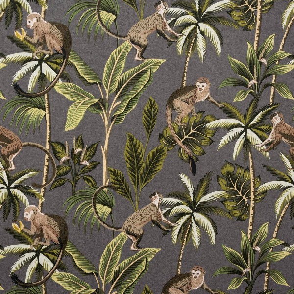 Fryetts Monkey Grey Tropical 100% Cotton Print Upholstery Fabric - Fire Resistant