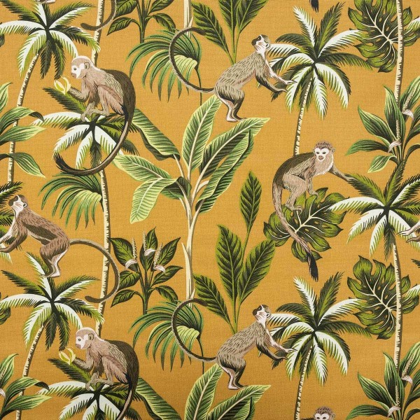 Fryetts Monkey Ochre Tropical 100% Cotton Print Upholstery Fabric - Fire Resistant